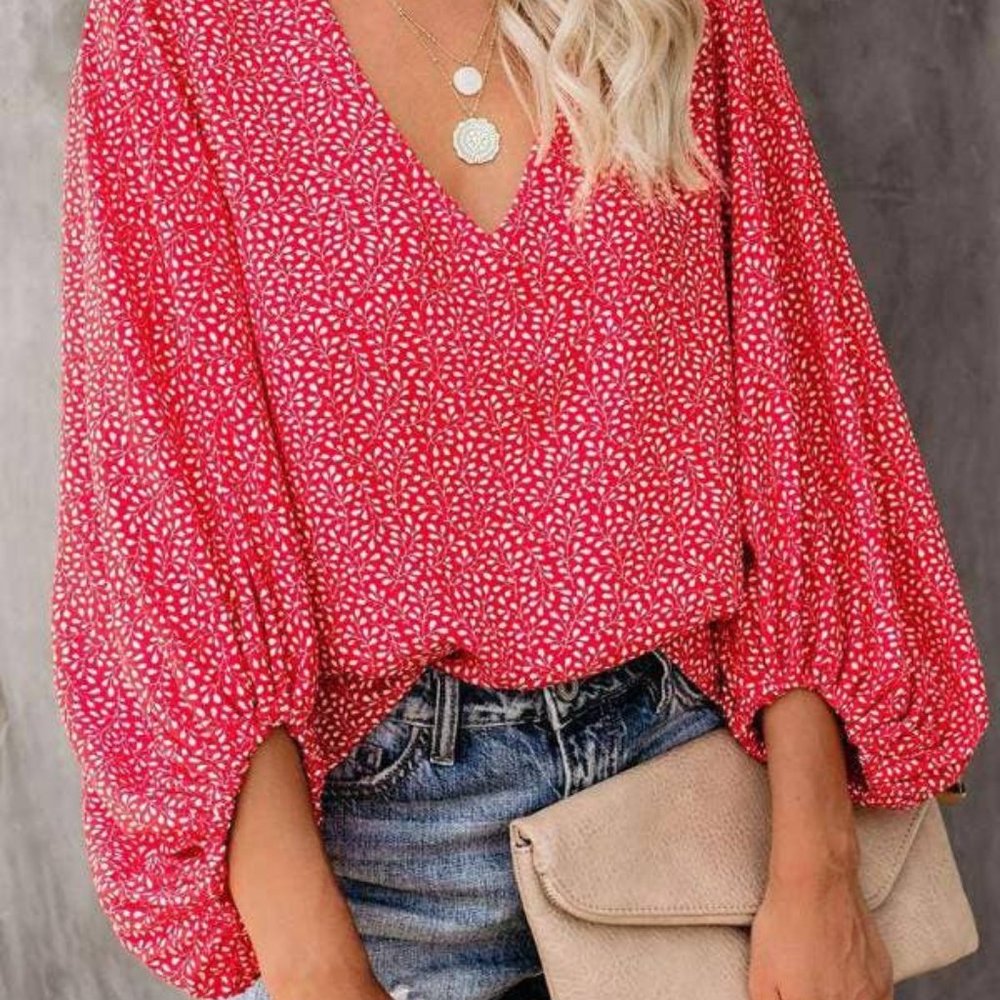 Retro Bubble Sleeve Pink Printed top